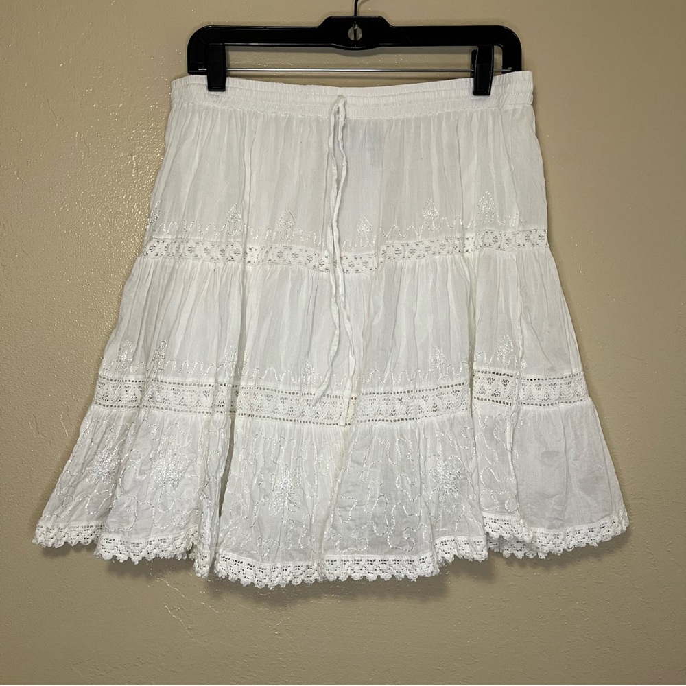 White tiered mini skirt lace embroidered Cottagecore coquette dainty flowy boho